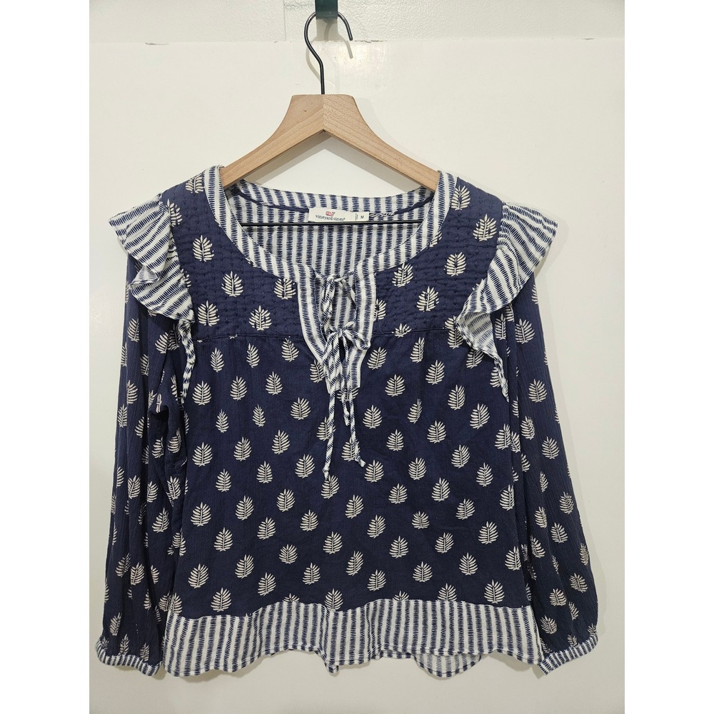Vineyard Vines Navy White Block Print Leaf Ruffle Quilted Yoke Tie Blouse Medium
